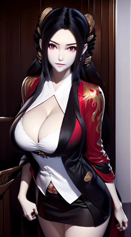 ((best quality)), ((On the table)), (detailed), (emphasize), perfect face　Young girl&#39;s face detail showing cleavage、Red eyes and long, Thick, smooth, pretty black hair，Bangs、Monochrome background、Wear it standing with a blazer and miniskirt、