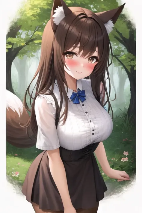 masterpiece, best quality, 1girl, forest, brown hair, long hair, fox ears, brown eyes, cute, blushing, medieval villager clothes
