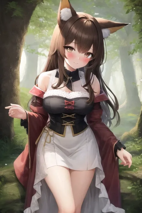 masterpiece, best quality, 1girl, forest, brown hair, long hair, fox ears, brown eyes, cute, blushing, medieval villager clothes
