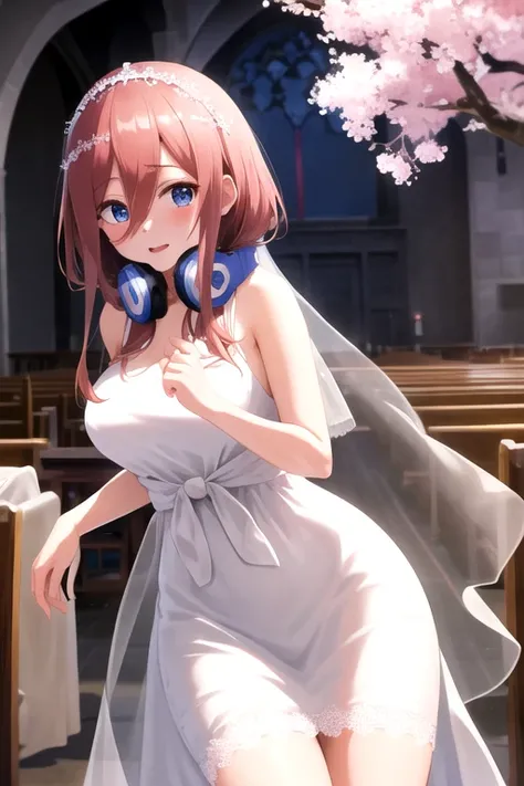 masterpiece, highest quality, High resolution, nm1, Headphones around the neck, Church,Cherry blossoms dance,Lace wedding dress, wearing a veil,Front shot、Looking down, looking embarrassed
