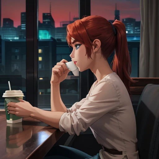 Girl with red hair Half Fishtail Ponytail one side of her ncek, sitting near thewindow, Starbucks, wall street view out of window, after sunset sky getting dark, crystal blue eyes looking outside seriously like she has a plan in her mind,(masterpiece) a be...