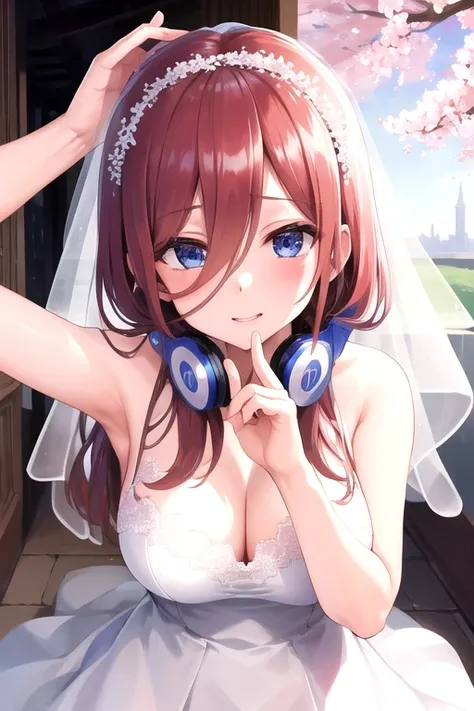 masterpiece, highest quality, High resolution, nm1, Headphones around the neck, Church,Cherry blossoms dance,Lace wedding dress, wearing a veil,pov.Kissing the camera Face close up
