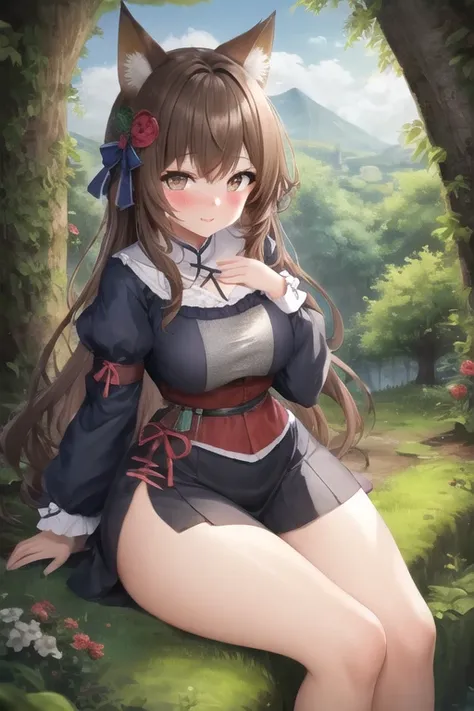 masterpiece, best quality, 1girl, forest, brown hair, long hair, fox ears, brown eyes, cute, blushing, (modest medieval villager clothes:1.2), (slim waist, curvy:1.1)
