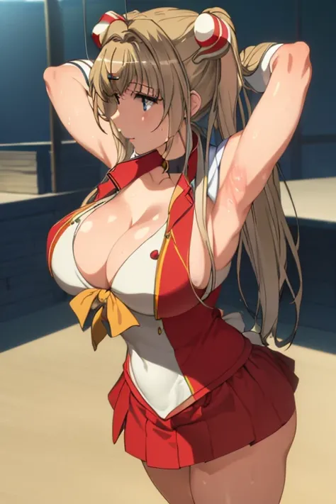 masterpiece, best quality, beautiful art, high resolution, well formed hands, body and fingers, 1 woman, solo, Sento Isuzu, blonde, big breasted, cleavage, full body, gorgeous legs and thighs, sexy sailor senshi uniform, sailor collar, long elbow gloves, s...