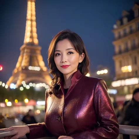 ((highest quality、8K resolution、master masterpiece、professional photography)), Photoreal, 1 Japanese female, Beautiful woman, (The most elegant and beautiful 45 year old mature woman:1.2), wrinkles around the eyes, slender,Paris city at Christmas night, Ch...