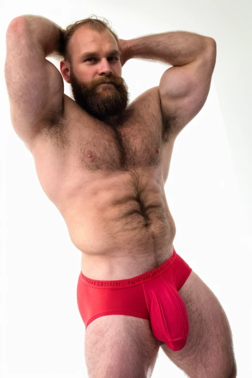 a close up of a man in a red underwear posing, muscular werewolf, sfw version, technoviking male with no shirt, beefcake pose, beautiful hairy humanoids, manbearpig, furry chest, shirtless :: high detail, furry brown body, hairy torso, satyr, fur-clad barb...