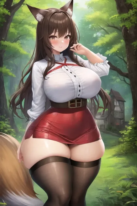 masterpiece, best quality, 1girl, forest, brown hair, long hair, fox ears, brown eyes, cute, blushing, (fully dressed, medieval villager clothes:1.4), (slim waist, curvy, big breasts, thick thighs:1.1)
