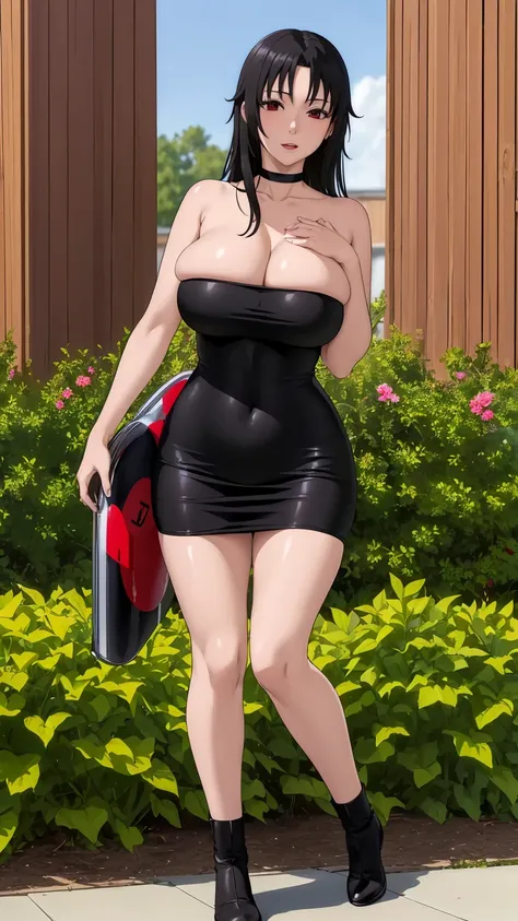 masterpiece, ultra high-quality, extremely detail 8k cg, high resolution, 1girl, kurenai yuhi, black hair, red eyes, thin body, huge breasts, bursting breasts, strapless shorttubedress, choker, beautiful face, outdoors, garden, full shot photo, full body