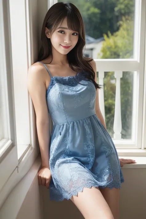 A woman in her 40s wearing a light blue-gray lace mini dress, satin, Lovely lady, Beautiful lace mini dress, sexy lace mini dress, V-shaped clothing with an open neckline, A beautiful, soft and sheer mini dress, ２２Japan Female, Sexy Girls, Overall view、smi...