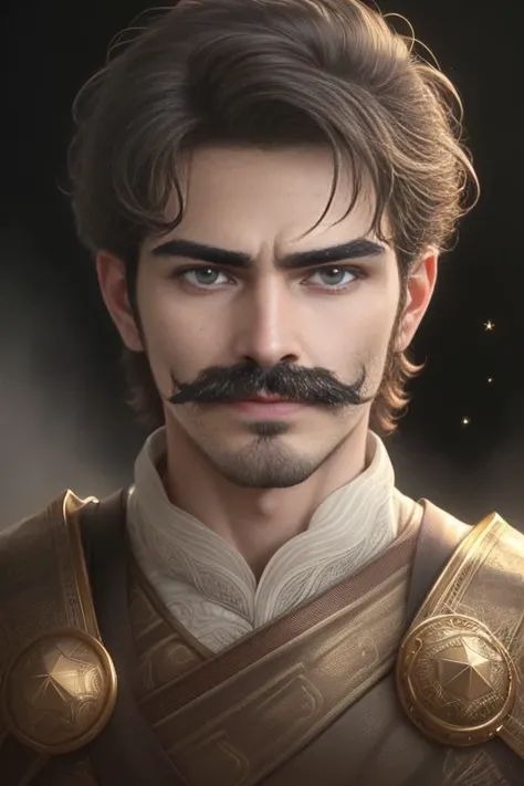 1man with mustache,close up,Real Human，photorealestic，Handsome face，Extremely detailed cinematic effects，soothing tones，insanely details，intricately details，ultra - detailed，（A 25-year-old boy，Serious expressions），The eyes glow white（Star-like eyes）