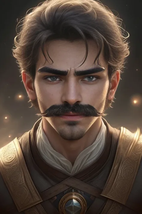 1man with mustache,close up,Real Human，photorealestic，Handsome face，Extremely detailed cinematic effects，soothing tones，insanely details，intricately details，ultra - detailed，（A 25-year-old boy，Serious expressions），The eyes glow white（Star-like eyes）