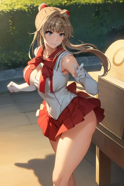 masterpiece, best quality, beautiful art, high resolution, well formed hands, body and fingers, 1 woman, solo, Sento Isuzu, blonde , big breasted, cleavage, full body, gorgeous legs and thighs, smile, sexy sailor senshi uniform, sailor collar, long elbow g...