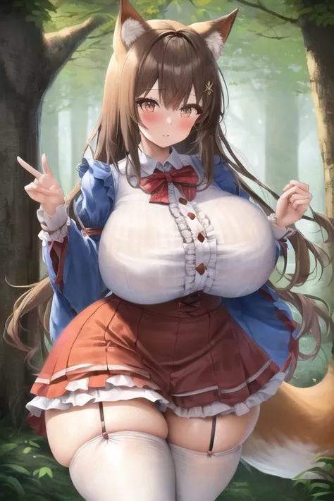 masterpiece, best quality, 1girl, forest, brown hair, long hair, fox ears, brown eyes, cute, blushing, (fully dressed, medieval villager clothes, long sleeved buttoned shirt, frilled skirt, thigh highs:1.4), (slim waist, curvy, big breasts, bursting breast...