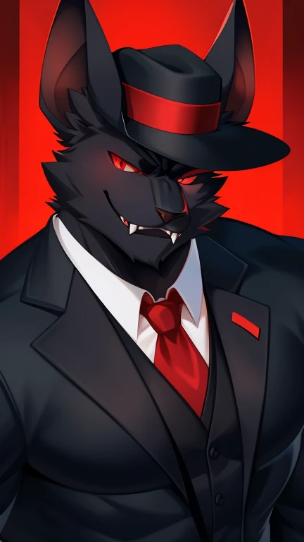 Solo, male, muscular, towering height, clad in a sleek black suit with a bold red tie, bat ears peeking out from underneath the rim of the hat, bright red eyes gleaming with an otherworldly allure, furry black body covered in thick, luscious fur, baring fa...