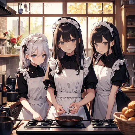 A group of maids, (in kitchen), various hair styles, harem, wearing maid uniform, night, details face, , short skirt, seducing, sleeveless , night, starry night 