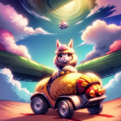 a funny wallpaper of a pinata riding on a alpaca, on track of mars, details, anime style