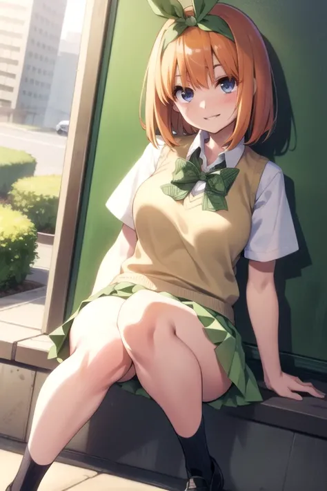 Yotsuba Nakano, bangs, short hair, blue eyes, Hair between the eyes, hair ribbon, hair band, Orange Hair, green ribbon,skirt, shirt, bow, ribbon, , white shirt, Short sleeve, pleated skirt, shoes, shoes下, collared shirt, miniskirt, bowtie, Black footwear, ...