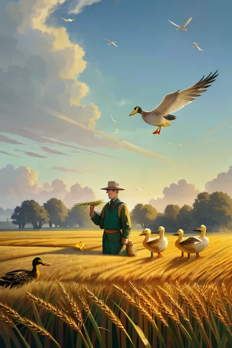 In the tranquil expanse of a sunlit wheat field, a diligent duck farmer tends to his flock. The golden waves of ripened wheat sway gently in the breeze, casting long, dappled shadows on the fertile earth. The farmer, with weathered hands and a sun-kissed f...