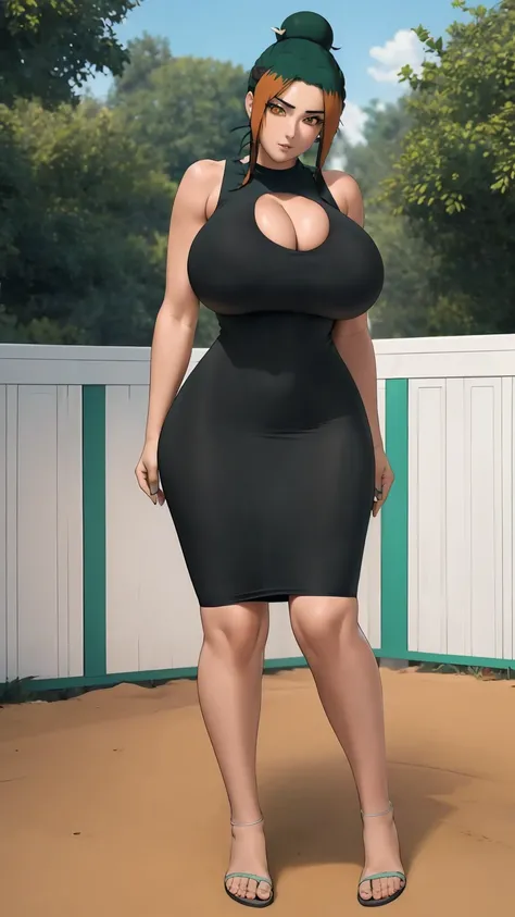 masterpiece, best quality, extremely detail 8k cg, high resolution, 1girl, pakura, green hair, orange eyes, slim body, huge breasts, bursting breasts, black tee shirt dress, sleeveless, cleavage, outdoors, garden, beautiful face, full shot photo, full body