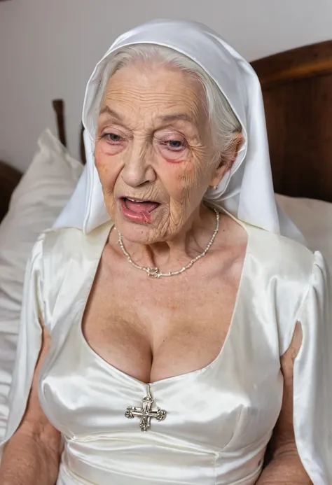 masterpiece, (old granny 90yo:1.4), (kissing a penis:1.6), (creampie on face:1.4), (busty breast under shirt:1.5), 8k, (nsfw:1.4), (white silk nun dress:1.5), (((close eyes open mouth))), (((lying down on bed))), sleeping, (from belove:1.4), 