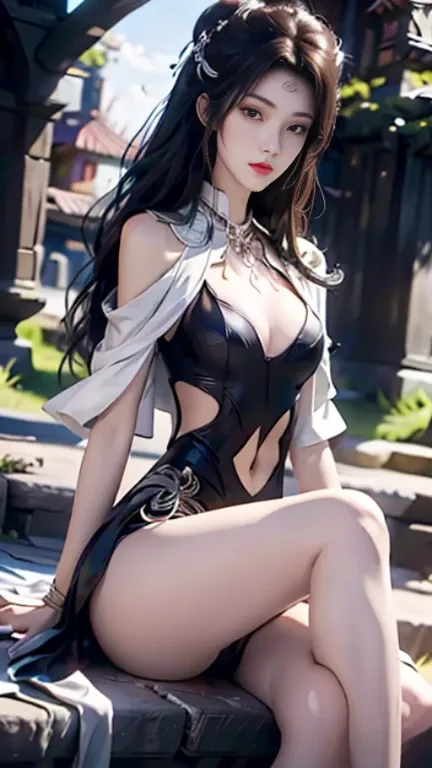 gufeng,Bare shoulders, Practical, Rob a girl, Red lips, Mature female, cosmetic, big eyes, beautiful eyes, ((whole body)), ((Random shooting angle)), (best quality, masterpiece:1.2), Super detailed, (Practical:1.37), ((Sexy long legs)), fair, young, Glamor...