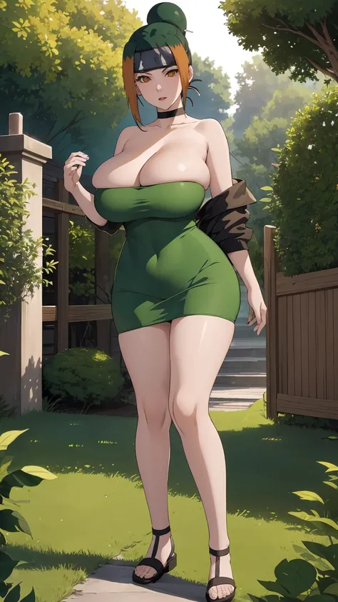 masterpiece, ultra high-quality, extremely detail 8k cg, high resolution, 1girl, pakura, green hair, orange eyes, thin body, huge breasts, bursting breasts, strapless shorttubedress, choker, beautiful face, outdoors, garden, night time, full shot photo, fu...