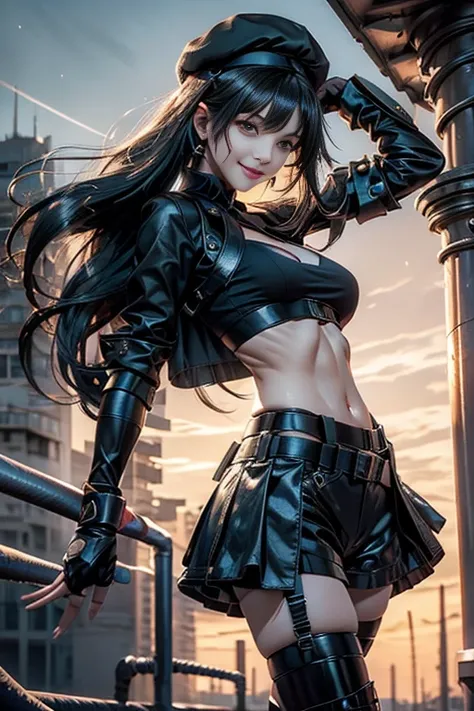 ubel,((ubel of Frieren: Beyond Journeys End )),dark green hair,long hair,side ponytail,hair between eyes,bangs, (miritary beret, black jacket, open clothes, cleavage, midriff, black shorts, black thighhighs, thigh strap, fingerless gloves, single glove:1.2...