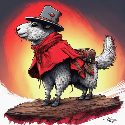 Surrealism fantasy fine art .Anime cartoon Gaucho Rat, hat, red poncho, boots. Riding a dangerous one-eyed shaggy scary Alpaca, scars on its muzzle, a sinister smile., cinematic, dramatic lighting., ultra HD, vivid colors, high detail, pen and ink style, p...