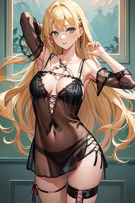 4/17
(masterpiece 1.8), ((ultra quality)), ((super fine illustration)), ((stunning cg)), 1girl, solo, ((super beautiful and volutuous girl)), cowboy shot, looking at viewer, blush, smile, ((a seductive look)), green eyes, blonde hair, wavy hair, large and ...