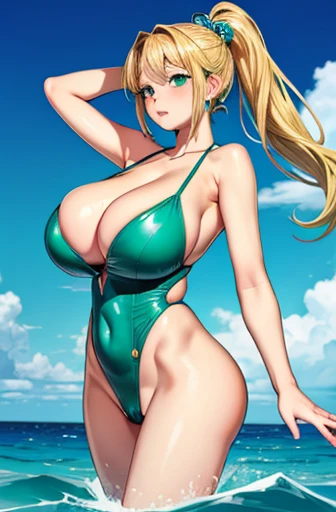 ((highest quality)), ((masterpiece)), (detailed) , ((anime)), girl, ((Huge Breasts)), Light green swimsuit, Earrings, Long blonde ponytail, Posing in the water