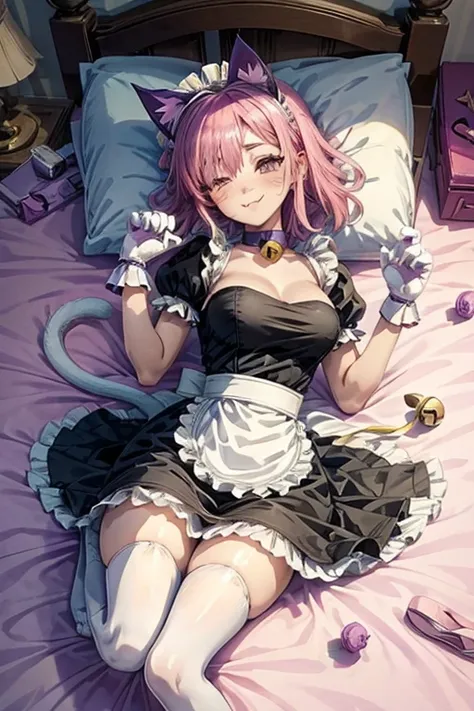 pinku_pawlette, cat_ears, cat_tail, pink_hair, purple_eyes, hair_over_one_eye maid, maid_uniform, maid_headdress, dress, paw_glo...