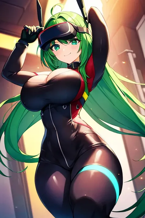 1girl, green hair, vr visors, visors, head-mounted display, ((covered eyes)), covered eyes, bodysuit, black bodysuit, science-fiction, machinery, futuristic, tech, neon, neon trim, large breasts, thick thighs, wide hips, swaying hips, hip sway, sway, arms ...