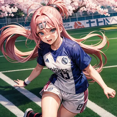 Anime character from Naruto called sakura wearing real Madrid jersey in a football field