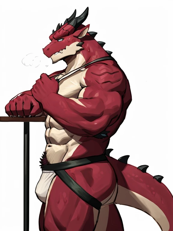 POV,top angle,sleep on stomach,lats,trapezius,butt lift,kemono, anthro (dragon), male, (dragon), muscular, back, red body, white belly ,sweat, ((correct anatomy)),stand up, sexy stand, white background, 1 boy, solo, wearing jockstrap, pain expression, cani...