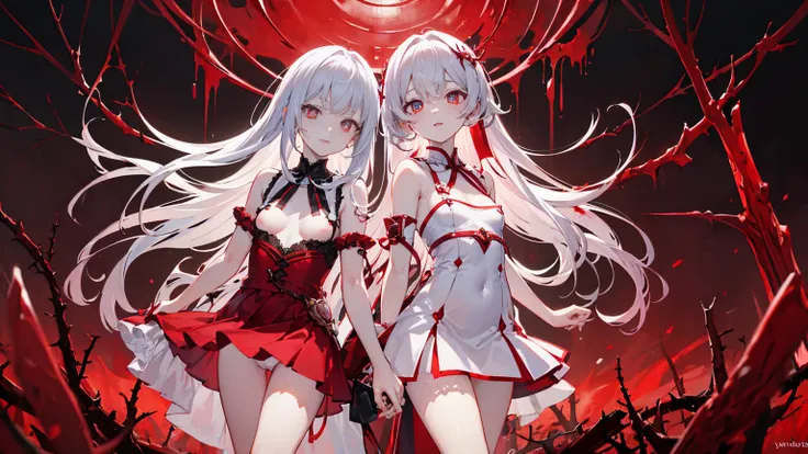 individual，masterpiece, Top quality, Very detailed, Unity 8K Wallpaper，Standing，Lean forward，Yandere，Yandere笑，flat chest，White long hair，Royal sister，White translucent lace nipple cover，Blood，Blood red thorns，Blood-colored pupils，Blood，Crotch