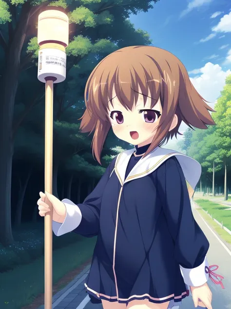 TakamoriNatsuki, alone, Have, brown hair, , blush, One girl, Street lamp post, short hair, wood, Purple eyes, Outdoor, One boy, Male focus, otoko no ko, 
((((masterpiece)))), expensive quality, very_expensive_solve, big_file size, Full Color