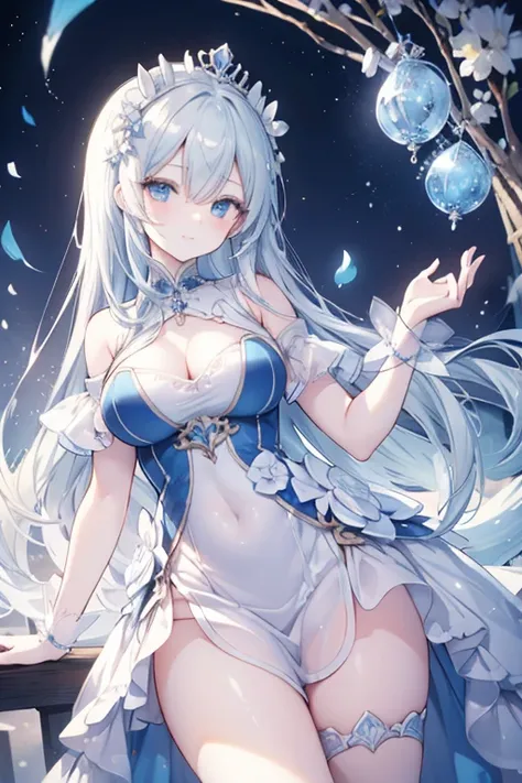 animesque、top-quality、hight resolution、Standing picture、a beauty girl、femal、princess、Glossy detailed gray hair long、White and blue dress with detailed design、Detailed blue eyes、Princess Knight、Elegant、Gorgeous、elegent、A sexy、goodlooking、Gentle smile