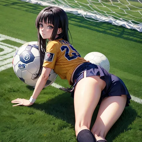 Anime character from Naruto called Hinata Hyuga wearing real Madrid jersey in a football field in a hot pose