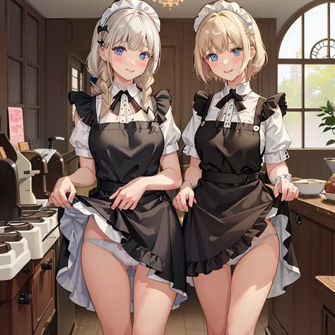 highest quality、masterpiece、((2 girls))、((smile))、(blush:1.3)、Black Shirt、blouse、((fun!!))、(Small breasts)、(single braid)、(Blonde)、()、((White apron:1.5))、((Maid))、((hair ornaments)),、Kamimei、look at me、 ((in house:1.5))、 Taking a break from watching the au...