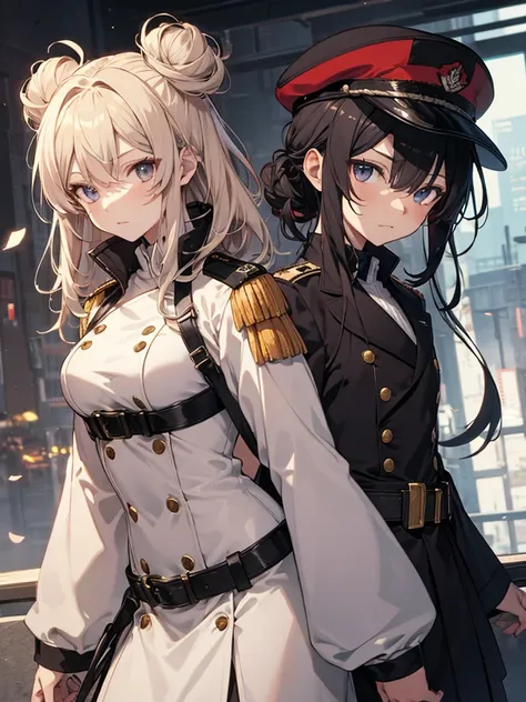 anime style,Ladylike shota,messy hair,double huge bun hair,military uniforms,