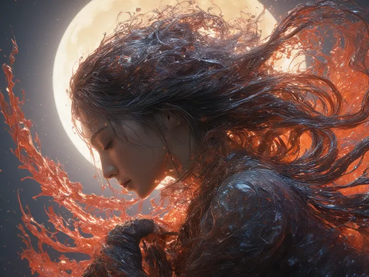 Jupiter, splash art, Close up liquid glowing moon lady made of colors, silver, Red, orange, light, Ash Gold, liquid fire peony flower, Filigree, Filigree detailed, Rotating flames, galaxy, Color drops, Colored waves, moonlight, Colorful paint splash style,...