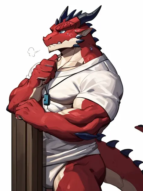 POV,top angle,sleep on stomach,lats,trapezius,butt lift,kemono, anthro (dragon), male, (dragon), muscular, back, red body, white belly ,sweat, ((correct anatomy)),stand up, sexy stand, white background, 1 boy, solo, pain expression, canine tooth, hd, dark ...