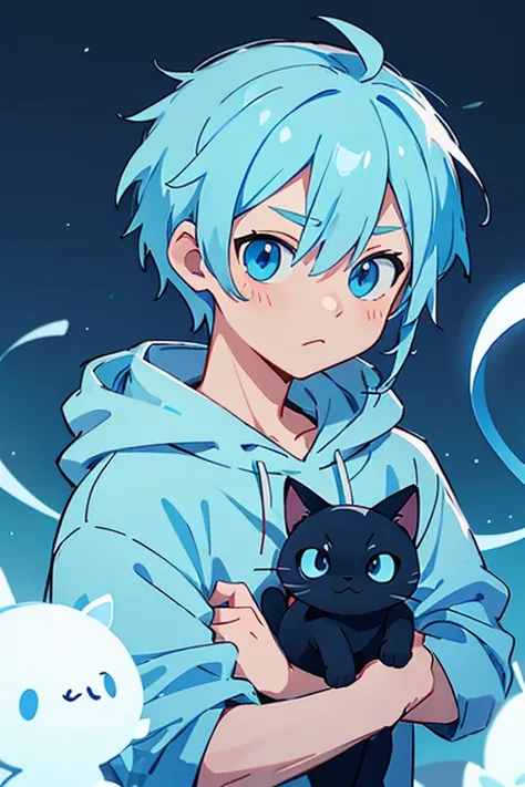 Light blue hair、light blue eyes、Black cat-shaped hairpin、light blue hoodie、male