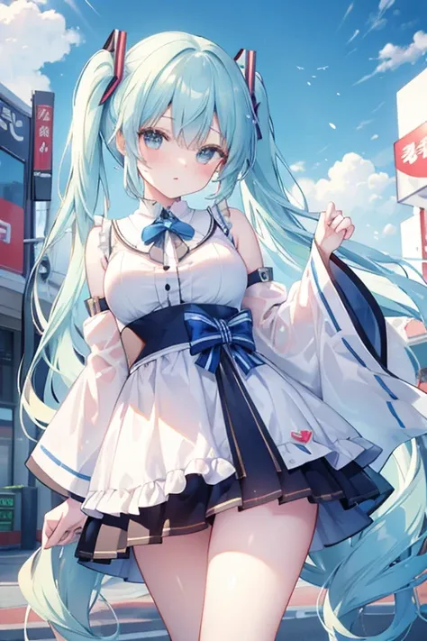 masterpiece、Top image quality、超A high resolution、miku hatsune、blue hairs、Twin-tailed、Blushing、mock、Open your mouth just a little、dressed casually、casual miniskirt、Japan amusement park