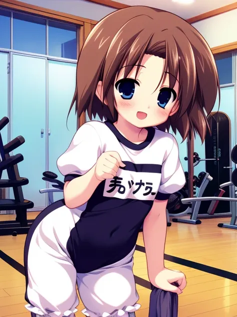 shikiakimi, blue eyes, brown hair, short hair, One boy, difficult, blush, smile, otoko no ko,
Bloomers, blush, Gym suit, smile, Open your mouth, Name tag, , 
masterpiece, expensive quality, very_expensive_solve, big_file size, Full Color,