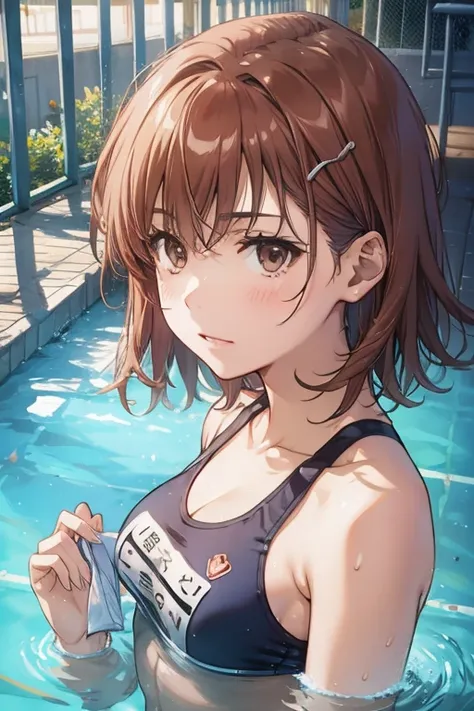 mikoto rose.、clear images、highest quality、8k、brown hair、asymmetrical belly shorthair、hairpin、tokiwadai junior high school , scho...