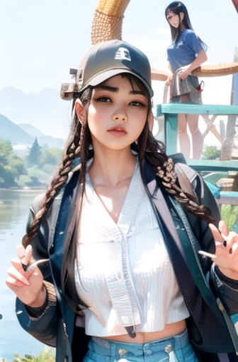 there is a woman with long braids standing on a bridge, nivanh chanthara, with long hair, with mountains in the background, asian girl with long hair, nuttavut baiphowongse, with mountains in background, a young asian woman, with mountains as background, t...