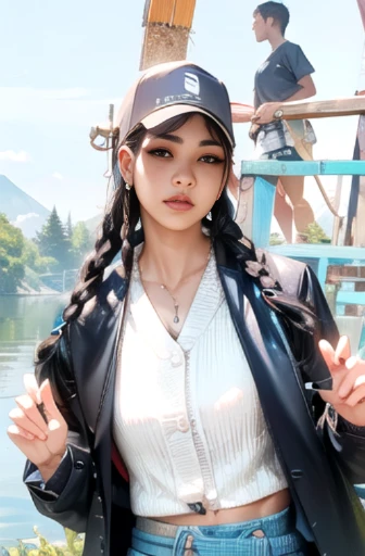 there is a woman with long braids standing on a bridge, nivanh chanthara, with long hair, with mountains in the background, asian girl with long hair, nuttavut baiphowongse, with mountains in background, a young asian woman, with mountains as background, t...