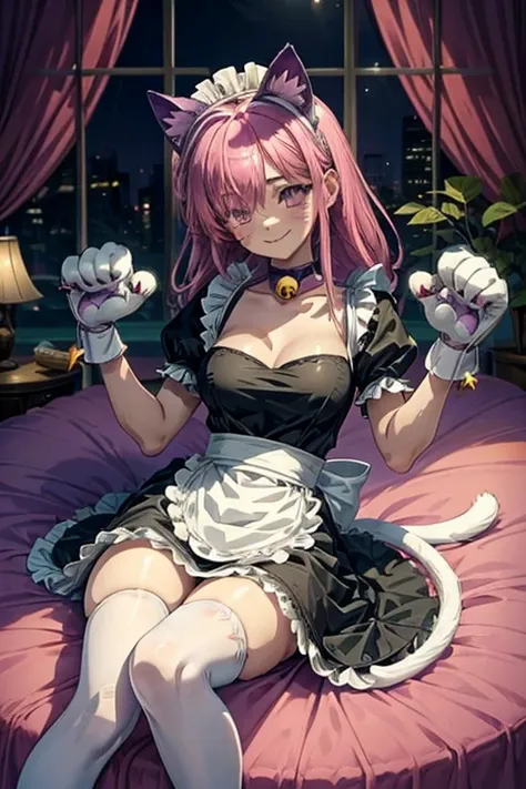 pinku_pawlette, cat_ears, cat_tail, pink_hair, purple_eyes, hair_over_one_eye maid, maid_uniform, maid_headdress, dress, paw_gloves, cat_paws, white_legwear, neck_bell, bell, shoes, lie in bed, smiling