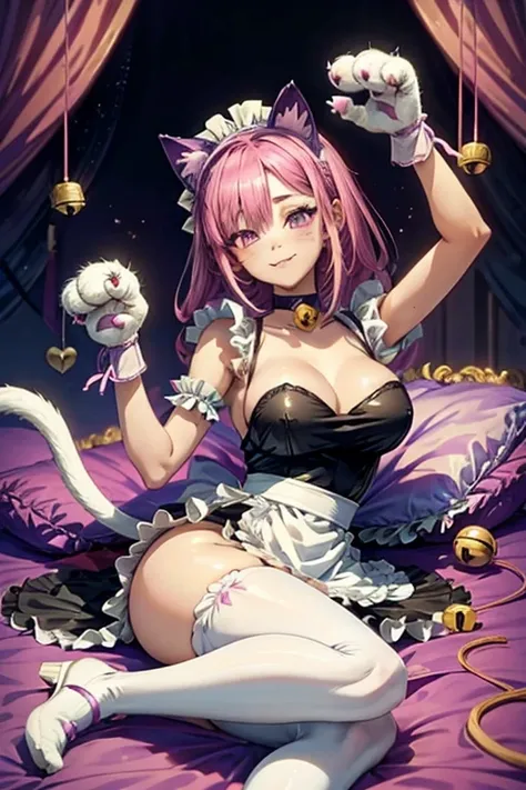 pinku_pawlette, cat_ears, cat_tail, pink_hair, purple_eyes, hair_over_one_eye maid, maid_uniform, maid_headdress, dress, paw_gloves, cat_paws, white_legwear, neck_bell, bell, shoes, lie in bed, smiling